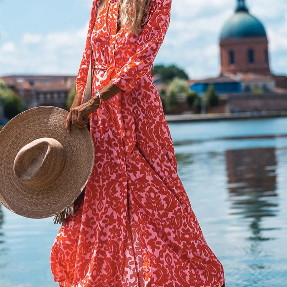 Last 1! NWT Stylish Red Print Tie Waist Maxi Dress - Picture 3 of 6